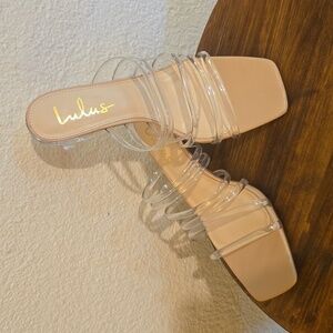 LULU'S Womens Clear Strappy Nude HEELS slip on Neutral Minimalist Sz.8.5